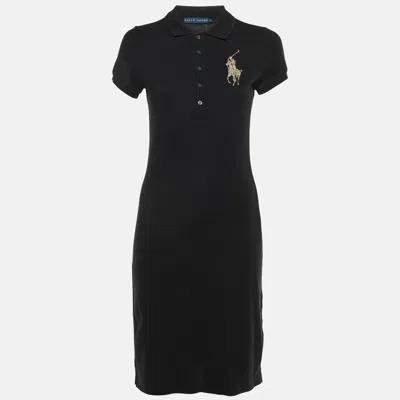 Pre-owned Ralph Lauren Black Cotton Embellished Logo Polo Dress S