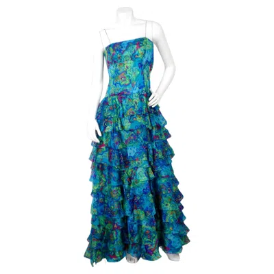 Pre-owned Ralph Lauren Black Label Turquoise Abstract Floral Print Ruffled Gown