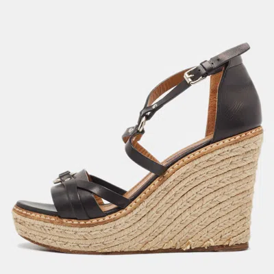 Pre-owned Polo Ralph Lauren Black Leather Wedge Platform Espadrille Ankle Strap Sandals Size 39.5