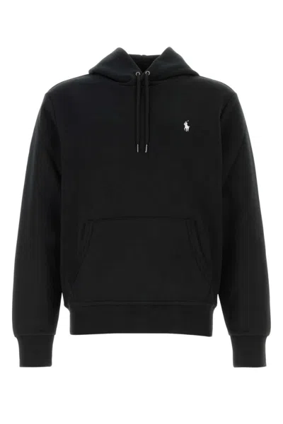 Ralph Lauren Cotton Hooded Sweatshirt With Ribbed Details In Black