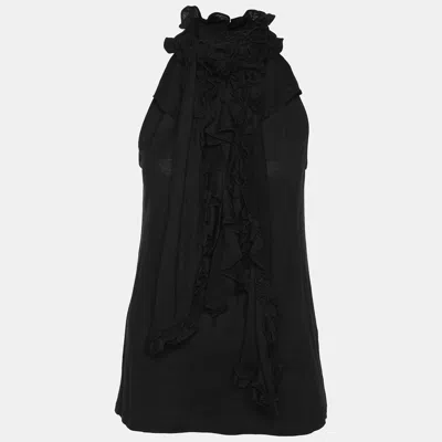 Pre-owned Ralph Lauren Black Silk Ruffled Neck Tie Sleeveless Tops Size M