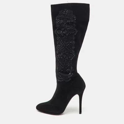 Pre-owned Ralph Lauren Black Suede Embroidered Patchwork Knee Length Boots Size 40
