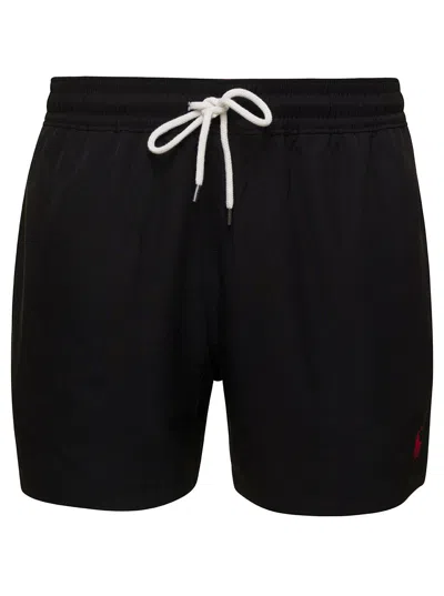 RALPH LAUREN BLACK SWIM TRUNKS WITH EMBROIDERED LOGO AND LOGO PATCH IN NYLON MAN