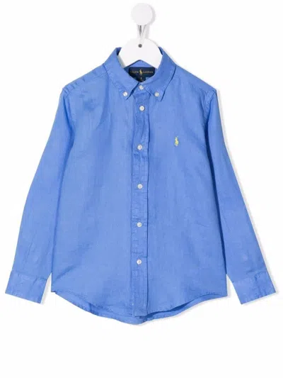 RALPH LAUREN BLUE LINEN SHIRT WITH EMBROIDERED PONY