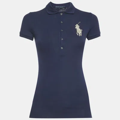 Pre-owned Ralph Lauren Blue Logo Metallic Embroidery Cotton Polo T-shirt Xs