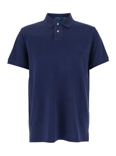 RALPH LAUREN BLUE POLO SHIRT WITH LARGE PONY DETAIL ON THE FRONT IN COTTON PIQUET MAN