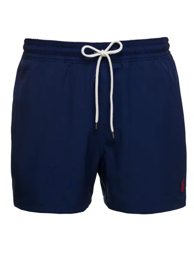 Ralph Lauren Blue Swim Trunks With Embroidered Logo And Logo Patch In Nylon Man