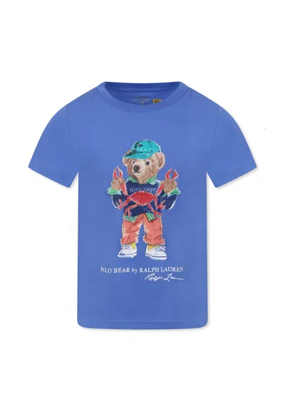 Ralph Lauren Kids' Blue T-shirt For Boy With Polo Bear In Purple