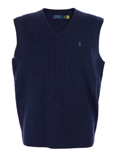 Ralph Lauren Blue Vest With V Neck And Pony Embroidery On The Front In Wool And Cashmere Man