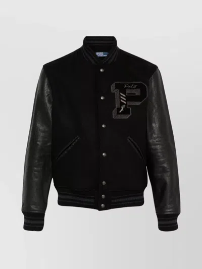 Ralph Lauren Bomber Jacket With Ribbed Cuffs And Pockets In Black