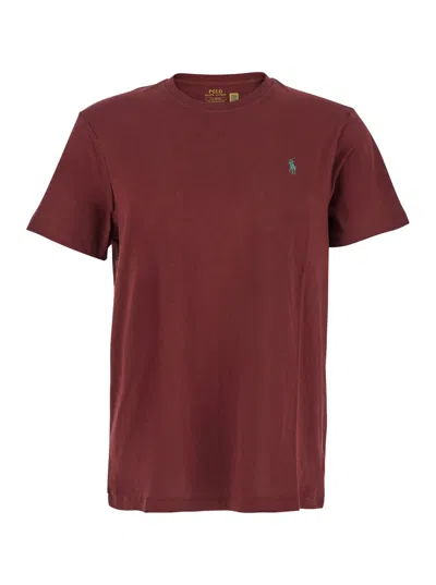 Ralph Lauren Bordeaux Crewneck T-shirt With Pony Embroidery On The Front In Cotton Man In Burgundy