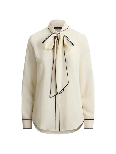 Ralph Lauren Bow-detail Contrast-trim Blouse In Neutral