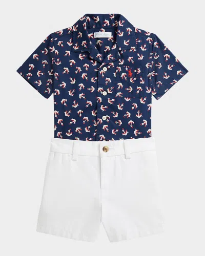 Ralph Lauren Kids' Boy's Anchor-print Shirt W/ Canvas Shorts In Blue