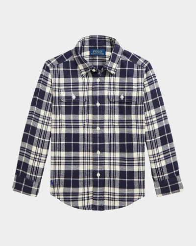 Ralph Lauren Kids' Boy's Brushed Flannel-print Sport Shirt In Cream/dark Navy