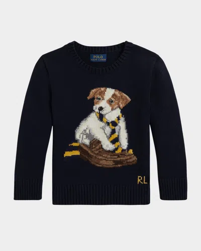 Ralph Lauren Kids' Boy's Dog Intarsia Knit Cotton Crewneck Sweater In Animal Print
