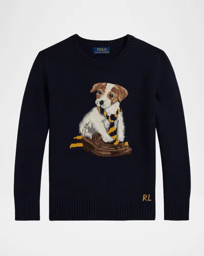 RALPH LAUREN BOY'S DOG INTARSIA KNIT COTTON CREWNECK SWEATER