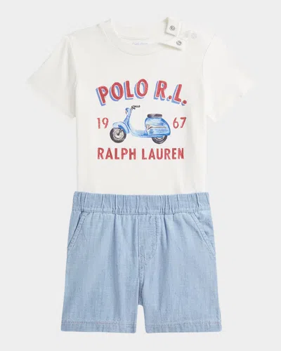 Ralph Lauren Kids' Boy's Graphic T-shirt W/ Chambray Shorts In White