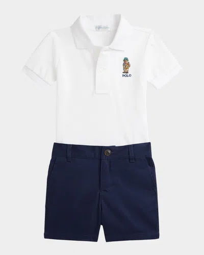 Ralph Lauren Kids' Boy's Mesh Polo Shirt & Chino Shorts Set In White