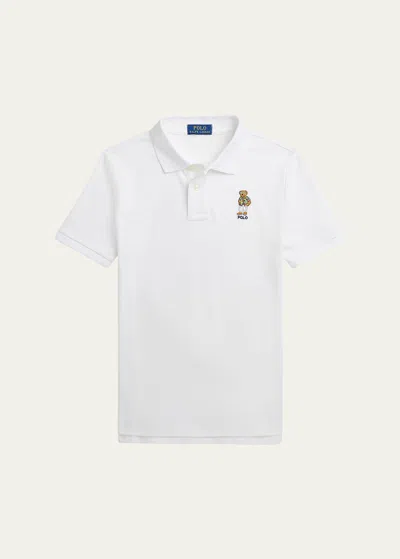 Ralph Lauren Kids' Boy's Mesh Polo Shirt Embroidered W/ Polo Bear In Sp24 Club55 White