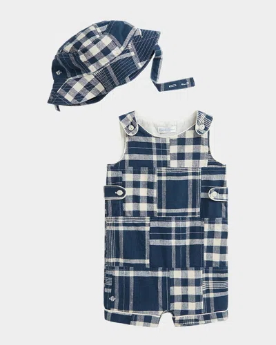 Ralph Lauren Kids' Boy's Patchwork-print Overalls & Hat Set In Blue