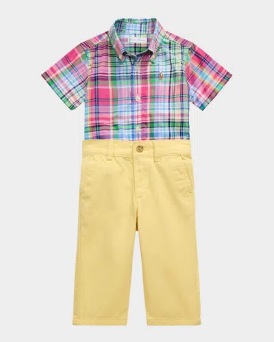 Ralph Lauren Kids' Boy's Plaid Poplin Shirt And Chino Pants Set In Multi