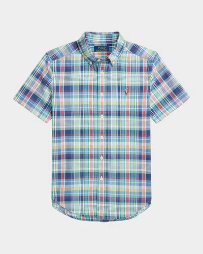 Ralph Lauren Kids' Boy's Plaid-print Oxford Shirt In Navy-green Multi