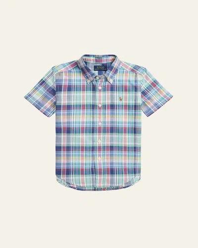Ralph Lauren Kids' Boy's Plaid-print Oxford Shirt In Navy-green Multi