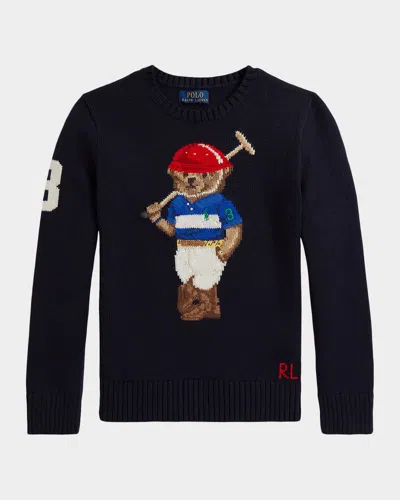 Ralph Lauren Kids' Boy's Polo Bear Intarsia Crewneck Sweater In Blue