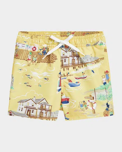 Ralph Lauren Kids' Boy's Polo Bear Printed Swim Shorts In Yellow