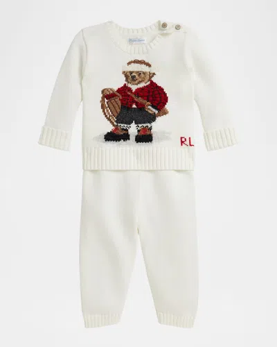 Ralph Lauren Kids' Boy's Polo Bear Sweater & Pants Set In White