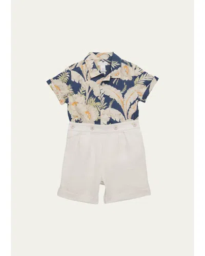 Ralph Lauren Kids' Boy's Tropical Linen-cotton Shirt & Shorts Set In White