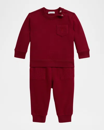 Ralph Lauren Kids' Boy's Waffle-trim Sweatshirt & Jogger Pants Set In Burgundy