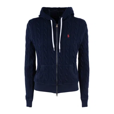 Ralph Lauren Braided Sweatshirt With Hood And Zipper Navy Blue Newport