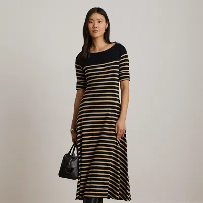 Ralph Lauren Breton-stripe Cotton Ribbed Midi Dress In Black/birch Tan