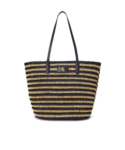 Ralph Lauren Brie Large Striped Straw Tote Bag In Black