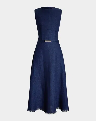 Ralph Lauren Briella Sleeveless Linen Dobby Midi Dress In Navy