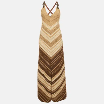 Pre-owned Ralph Lauren Brown Leather Trim Hand Knitted Maxi Dress S