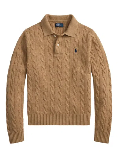 Ralph Lauren Brown Logo Polo Sweater In Gold