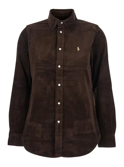 Ralph Lauren Brown Shirt With Classic Collar And Pony Embroidery On The Front In Corduroy Woman