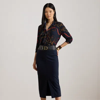 Ralph Lauren Buckle-trim Ponte Pencil Midi Skirt In Blue