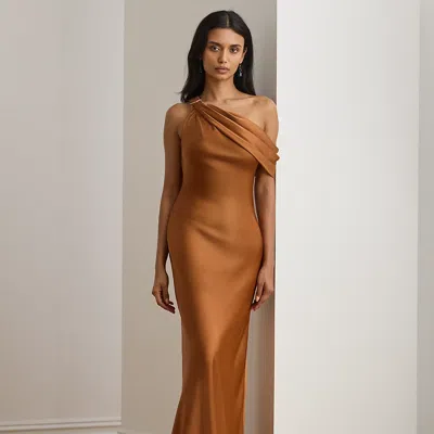 Ralph Lauren Buckle-trim Satin Off-the-shoulder Gown In Brown