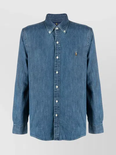 Ralph Lauren Button-down Collar Denim Shirt With Curved Hem In Blue