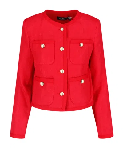 Ralph Lauren Linen Herringbone Cropped Jacket In Cruise Red