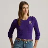 Ralph Lauren Button-trim Cable-knit Cotton Sweater In Purple