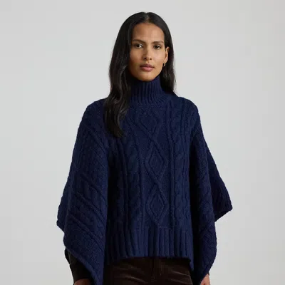 Ralph Lauren Button-trim Cable-knit Mockneck Poncho In Blue