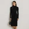 Ralph Lauren Button-trim Rib-knit Mockneck Dress In Black