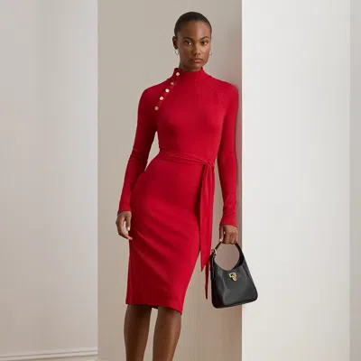 Ralph Lauren Button-trim Rib-knit Mockneck Dress In Red