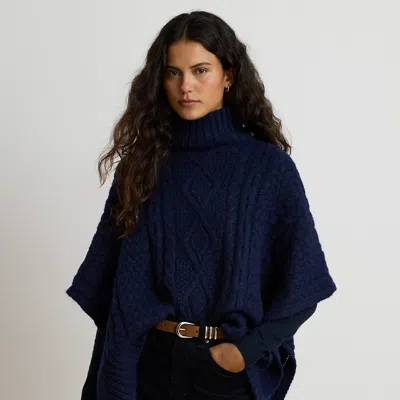 Ralph Lauren Button-trim Cable-knit Mockneck Poncho In Navy