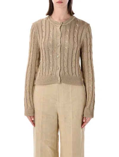 Ralph Lauren Cropped Cable Knit Silk Cardigan In Brown