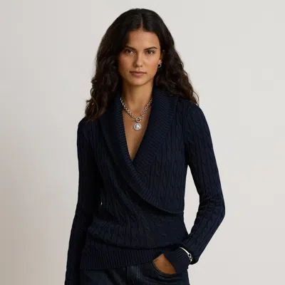 Ralph Lauren Cable Cotton-blend Shawl-collar Sweater In Lauren Navy In Multi